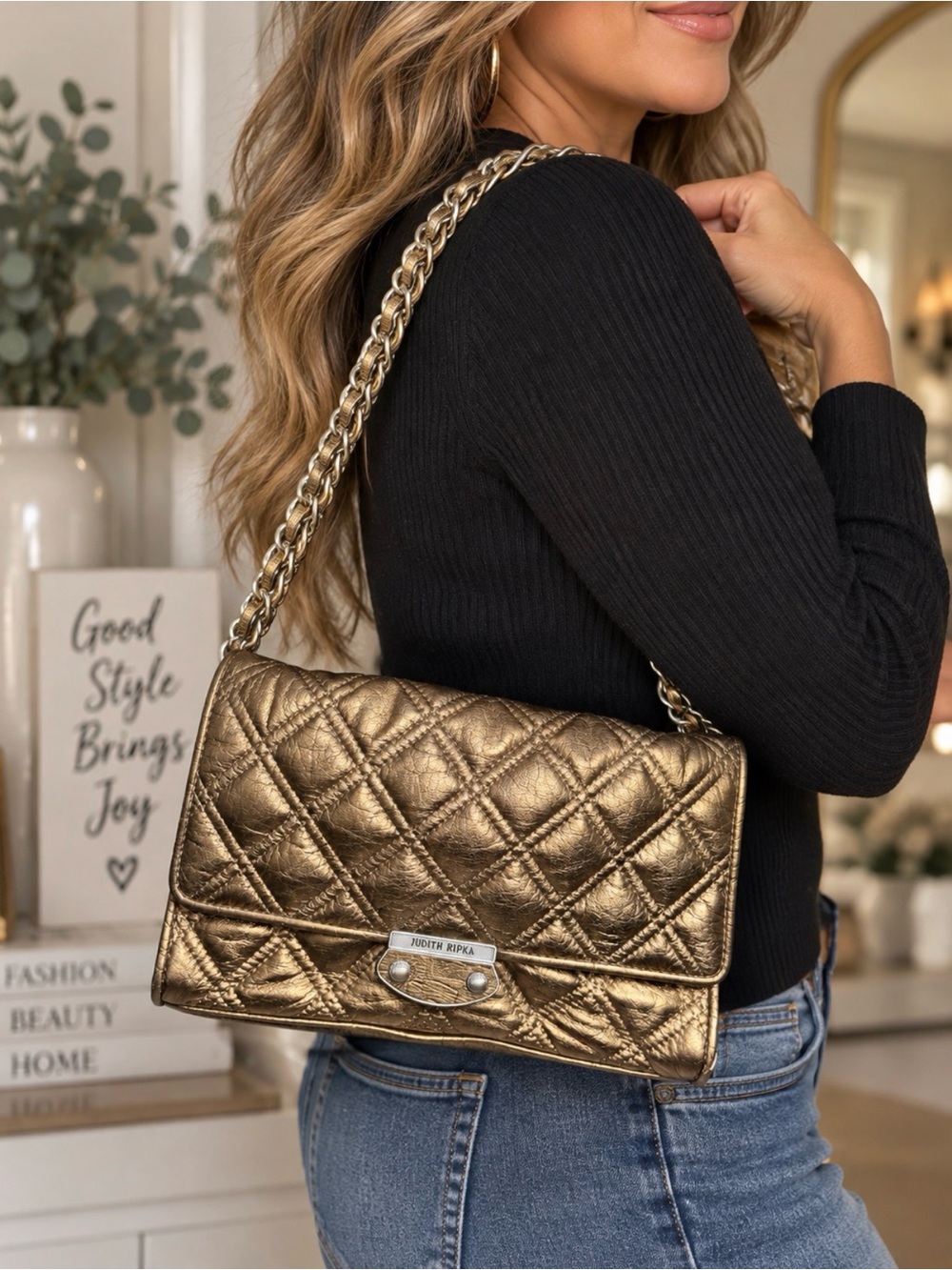 Judith Ripka Metallic Quilted Shoulder Bag with Chain Strap - Gold